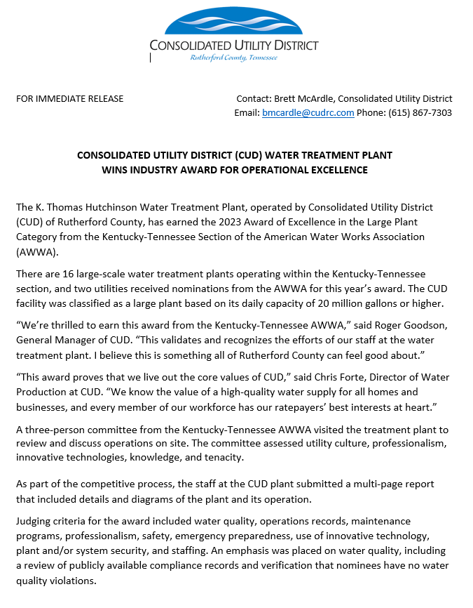 CUD water treatment plant wins industry award